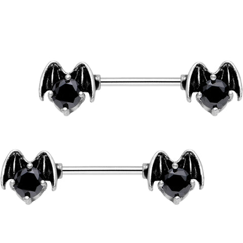 9/16 Black Gem Night Bat Barbell Nipple Ring Set