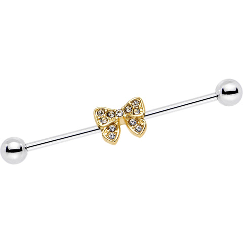 14G Clear Gem Gold Tone Knotted Bow Industrial Barbell 35mm