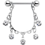 14G 5/8 Clear Gem Chain Drop Dangle Nipple Ring Set