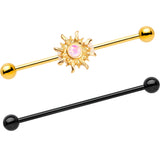 14G Faux Opal Black Gold Tone Sun Industrial Barbell 38mm Set of 2