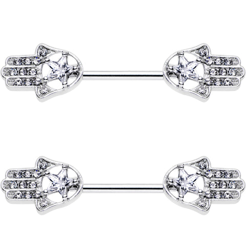 14G 9/16 Clear Gem Star Hamsa Hand Barbell Nipple Ring Set