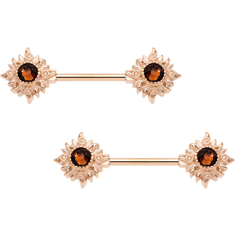 Brown Gem Chocolate Sunshine Rose Gold Tone Barbell Nipple Ring Set