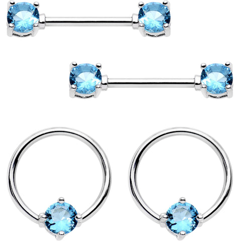 14G 9/16 Aqua Gem BCR Captive Ring Barbell Nipple Ring Set