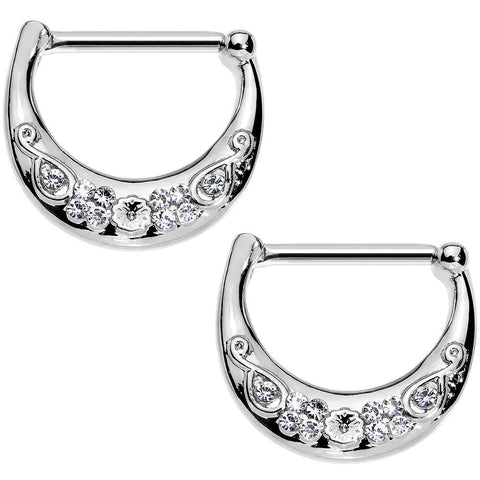 14G 1/2 Clear Gem Steel Floral Flourish Nipple Clicker Set