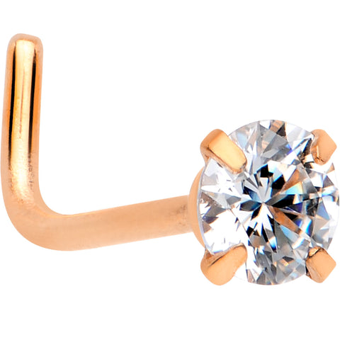 20G 1/4 Clear 3mm CZ Gem Rose Gold IP L-Shape Nose Ring