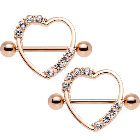 14G 3/4 Clear Gem Rose Gold Anodized Heart Nipple Shield Set