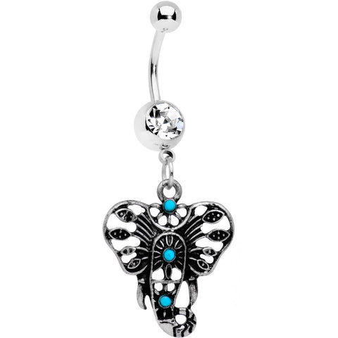 Clear Aqua Gem Elephant Outline Dangle Belly Ring