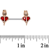 14G 9/16 Red Gem Rosy Hue Heart and Rose Flower Nipple Barbell Set