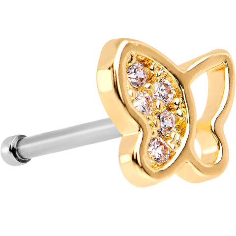 20G 1/4 Clear CZ Gem Gold Tone Half Paved Butterfly Nose Bone
