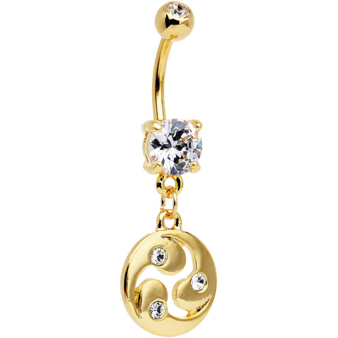 Clear CZ Gem Gold PVD Triskele Spiral Dangle Belly Ring