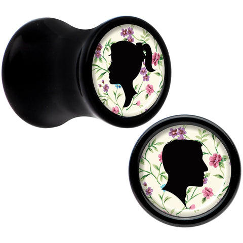 Black Acrylic Man Woman Floral Silhouette Saddle Plug Set 2G