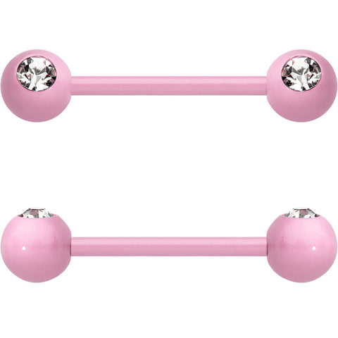 14G 5/8 Clear Gem Light Pink Acrylic Over Steel Nipple Barbell Set