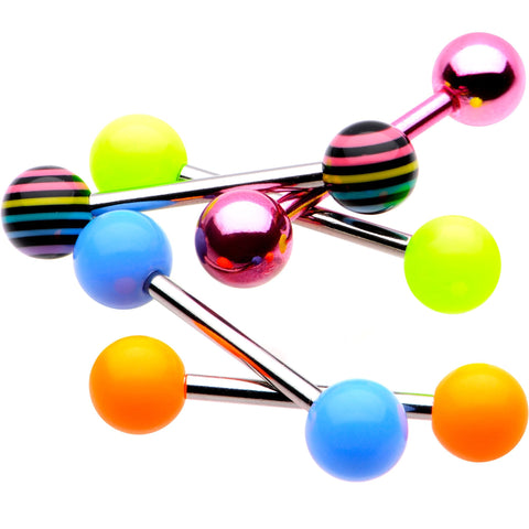 14G 9/16 Rainbow Funky Fun Barbell Tongue Ring Pack Set of 5