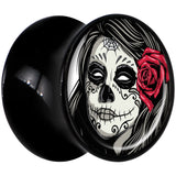 Black Acrylic Katrina Sugar Skull with Rose Flower Saddle Plug Set 1/2