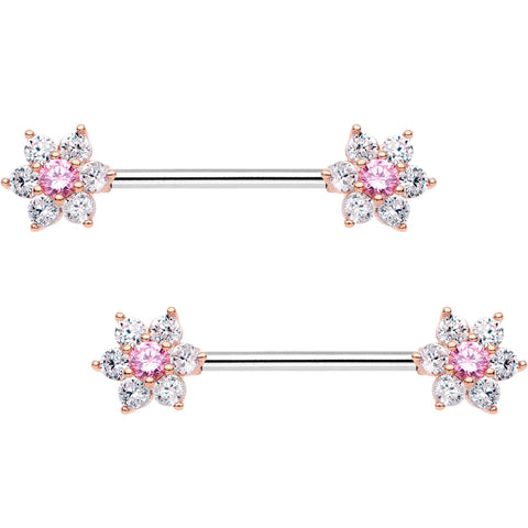 9/16 Pink CZ Gem Shimmering Flower Petal Barbell Nipple Ring Set