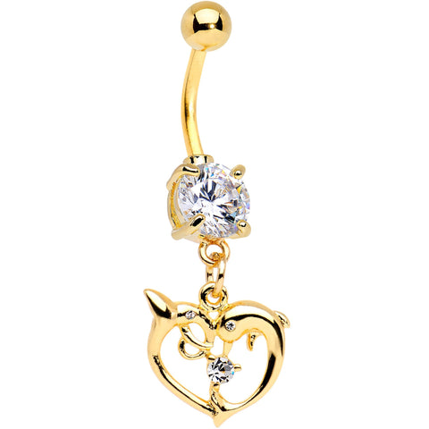 Clear CZ Gem Gold PVD Double Dolphin Heart Dangle Belly Ring