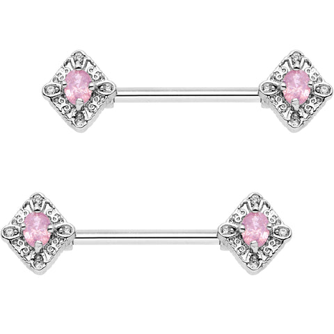 14G 5/8" Clear Pink Gem Rococo Rhombus Barbell Nipple Ring Set