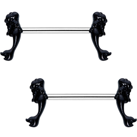 5/8 Black PVD Diving Mermaid Barbell Nipple Ring Set