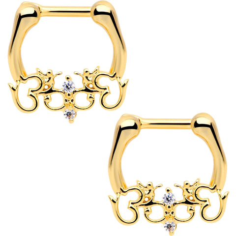 1/4 Clear CZ Gem Gold Tone Anodized Angel Swirl Nipple Clicker Set