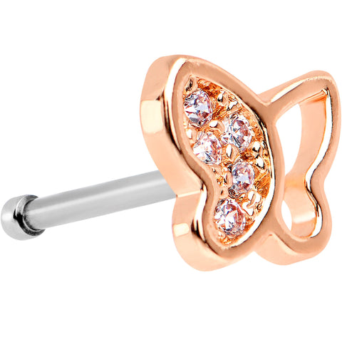 20G 1/4 CZ Gem Rose Gold Tone Half Paved Butterfly Nose Bone