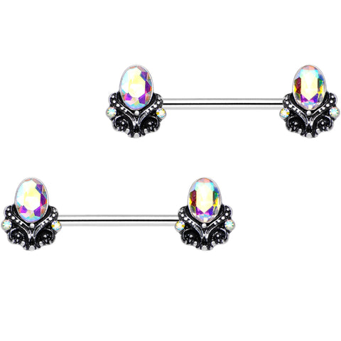 14G 5/8" Aurora Gem Gothic Frame Barbell Nipple Ring Set