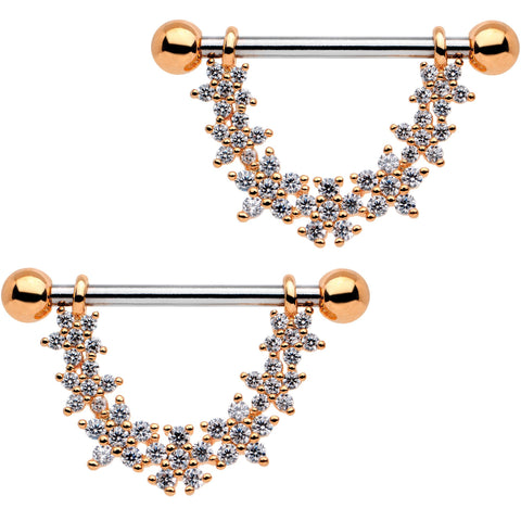 9/16 Clear CZ Gem Rose Gold Tone Daisy Flower Chain Dangle Nipple Ring Set