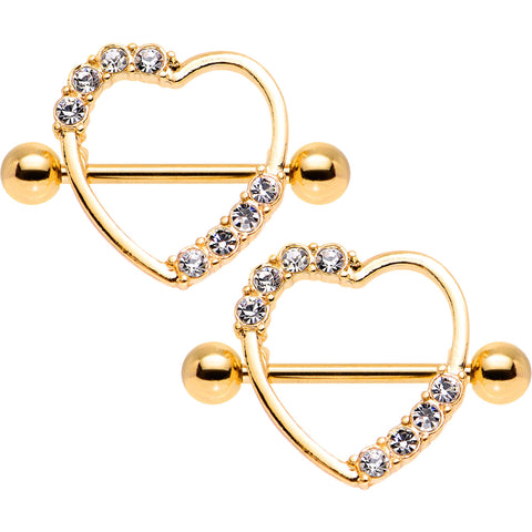 14G 3/4 Clear Gem Gold Anodized Heart Nipple Shield Set