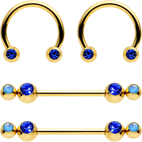 14G Blue Faux Opal Duo Gold Hue Horseshoe Barbell Nipple Ring Set