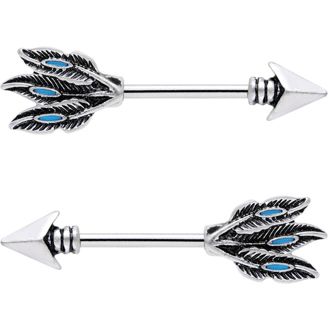 9/16 Faux Turquoise Fly Away Feathered Arrow Barbell Nipple Ring Set
