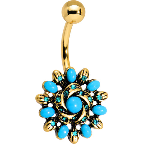 Aqua Gem Blue Orb Gold Anodized Southwest Swirl Flower Belly Ring