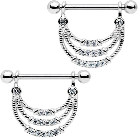 9/16 Clear CZ Gem Frozen Dangle Barbell Nipple Ring Set