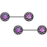 14G 5/8 Pink Synthetic Opal Lotus Flower Nipple Barbell Set
