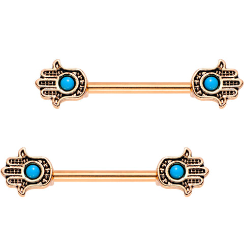 9/16 Blue Orb Rose Gold Plated Hamsa Hand Barbell Nipple Ring Set