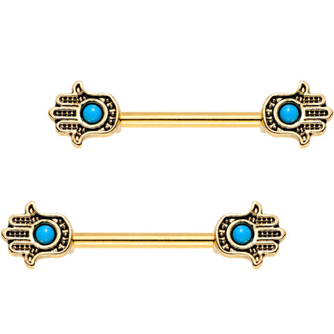 9/16 Blue Orb Gold Plated Hamsa Hand Barbell Nipple Ring Set