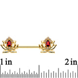 9/16 Red Clear Gem Gold PVD Red Hot Lotus Flower Nipple Barbell Set