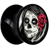 Black Acrylic Katrina Sugar Skull with Rose Flower Saddle Plug Set 00G