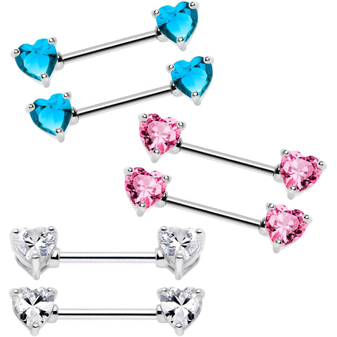 14G 9/16 Multi Color Heart Gem Barbell Nipple Ring Pack Set of 6