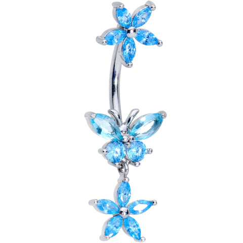 Aqua CZ Gem Butterfly Angel Double Mount Dangle Belly Ring