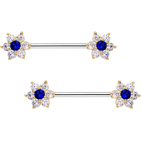 9/16 Blue CZ Gem Shimmering Flower Petal Barbell Nipple Ring Set