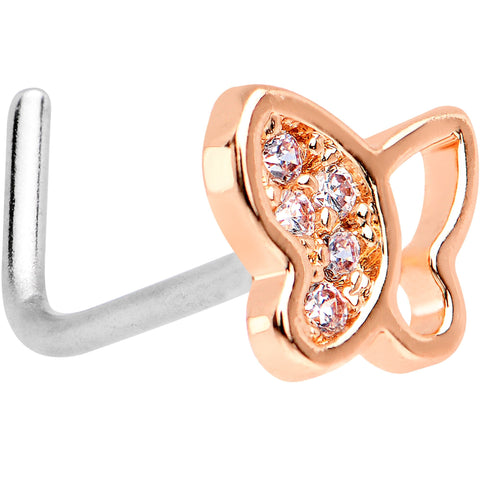 20G 1/4 Clear CZ Gem Rose Gold Tone Butterfly L Shaped Nose Ring