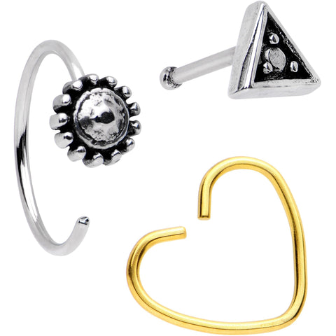 20G Knickknacks Trinkets Nose Bone Heart Closure Ring Pack Set of 3