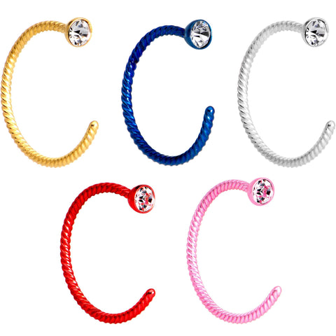 20G 5/16 Clear Gem Multicolor Pack Set of 5 Twisted Nose Hoop Rings