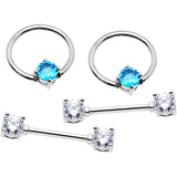 14G 5/8 Clear Aqua Gem Captive Ring Barbell Nipple Ring Set