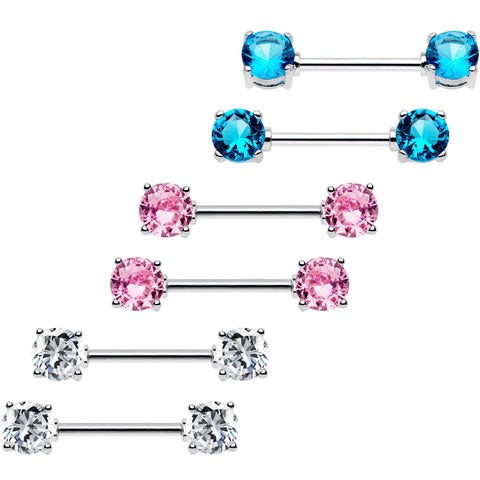 14G 9/16 Multi Color Gem Fun Barbell Nipple Ring Pack Set of 6