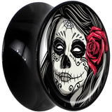 Black Acrylic Katrina Sugar Skull with Rose Flower Saddle Plug Set 5/8