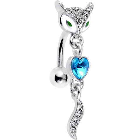 Blue Gem Heart Fierce Fox Head Top Mount Dangle Belly Ring