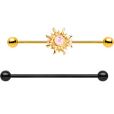 14G Faux Opal Black Gold Tone Sun Industrial Barbell 38mm Set of 2