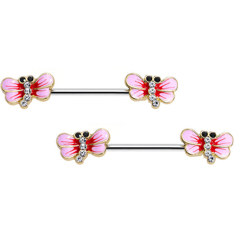 14G 5/8 Clear Gem Pretty Pink Dragonfly Barbell Nipple Ring Set