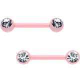 14G 1/2 Clear Gem Pink Ceramic Steel Barbell Nipple Ring Set