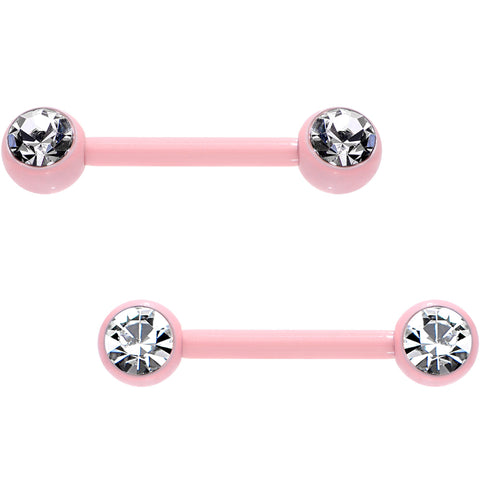 14G 1/2 Clear Gem Pink Ceramic Steel Barbell Nipple Ring Set